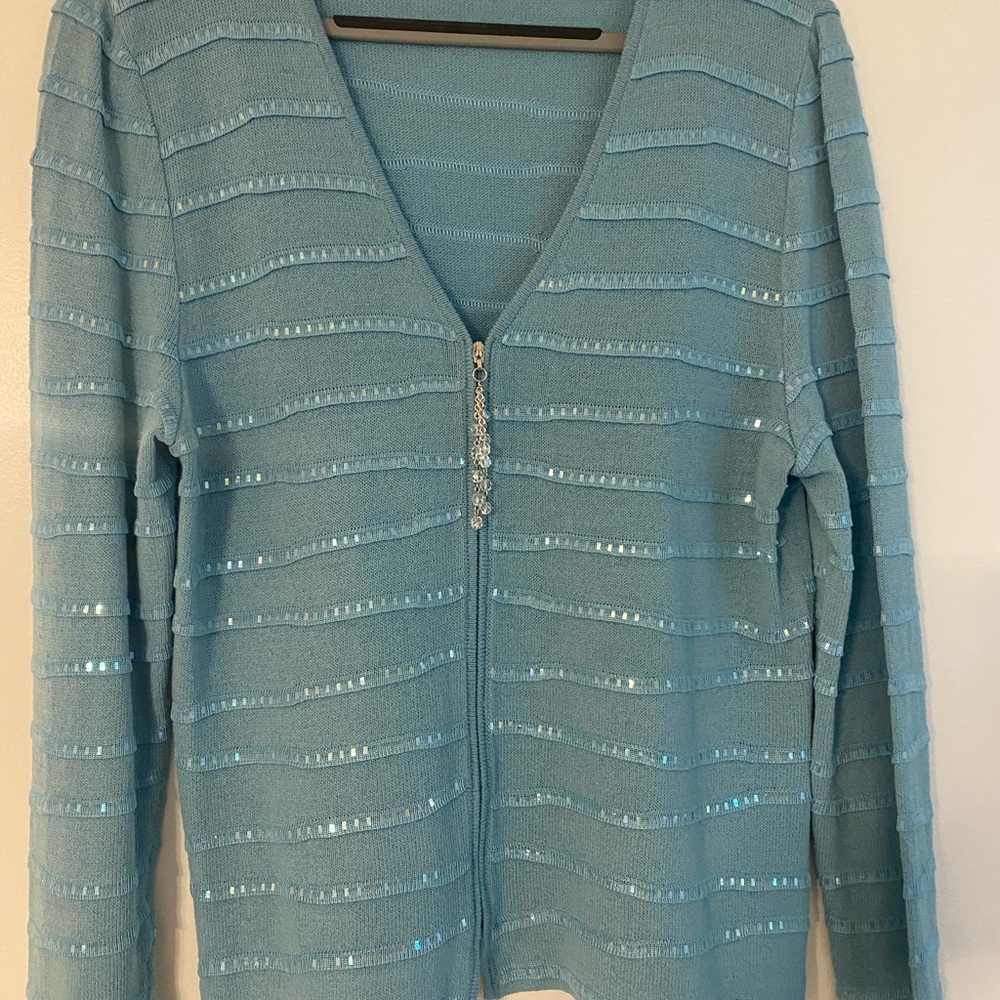 St. John Light Blue V-Neck Sweater with Shimmering Details